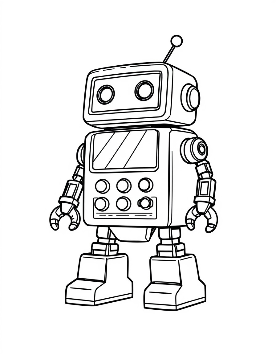 A small, boxy robot with a screen face and buttons on its chest.