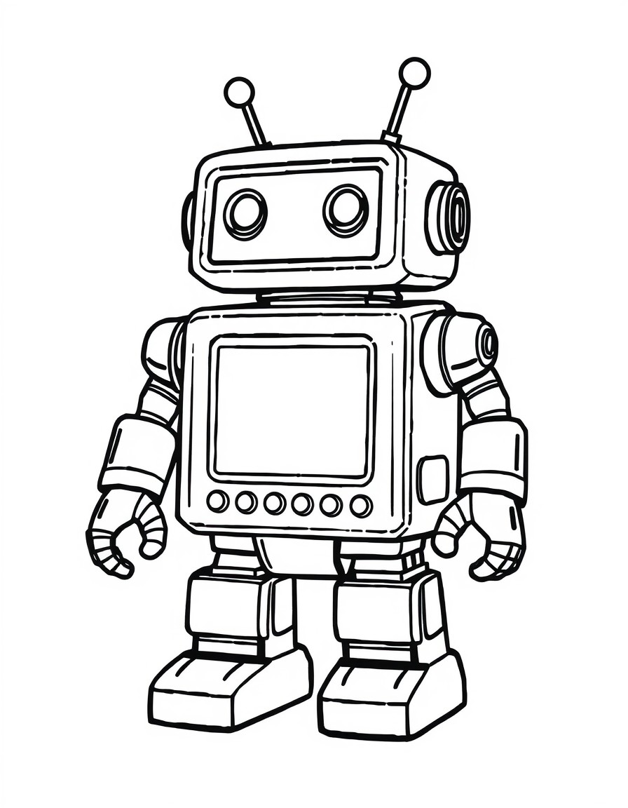 A small, boxy robot with a screen face and buttons on its chest.