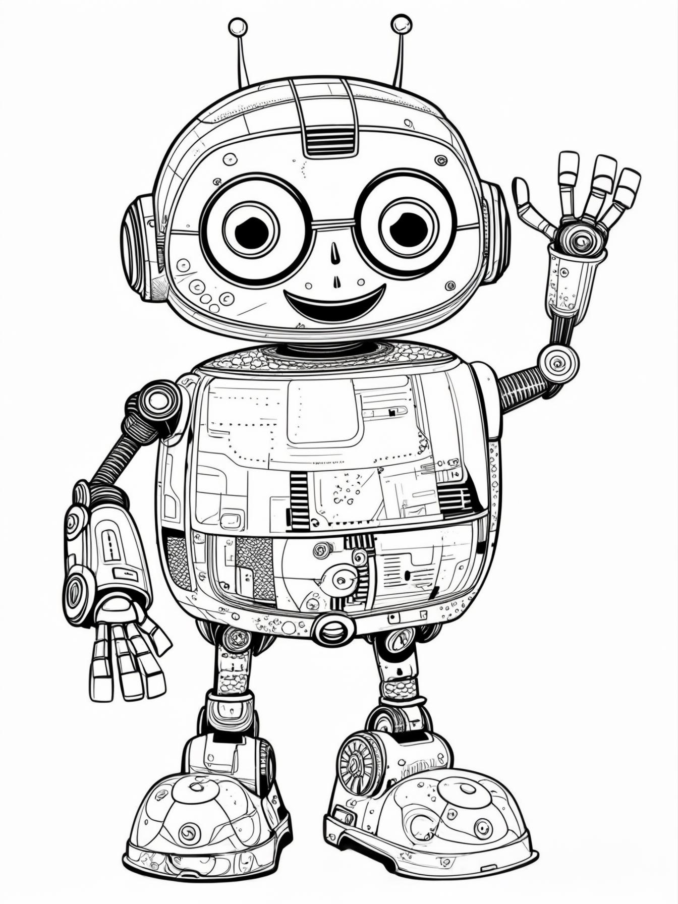 A friendly robot with a big round head and antennae waving hello.