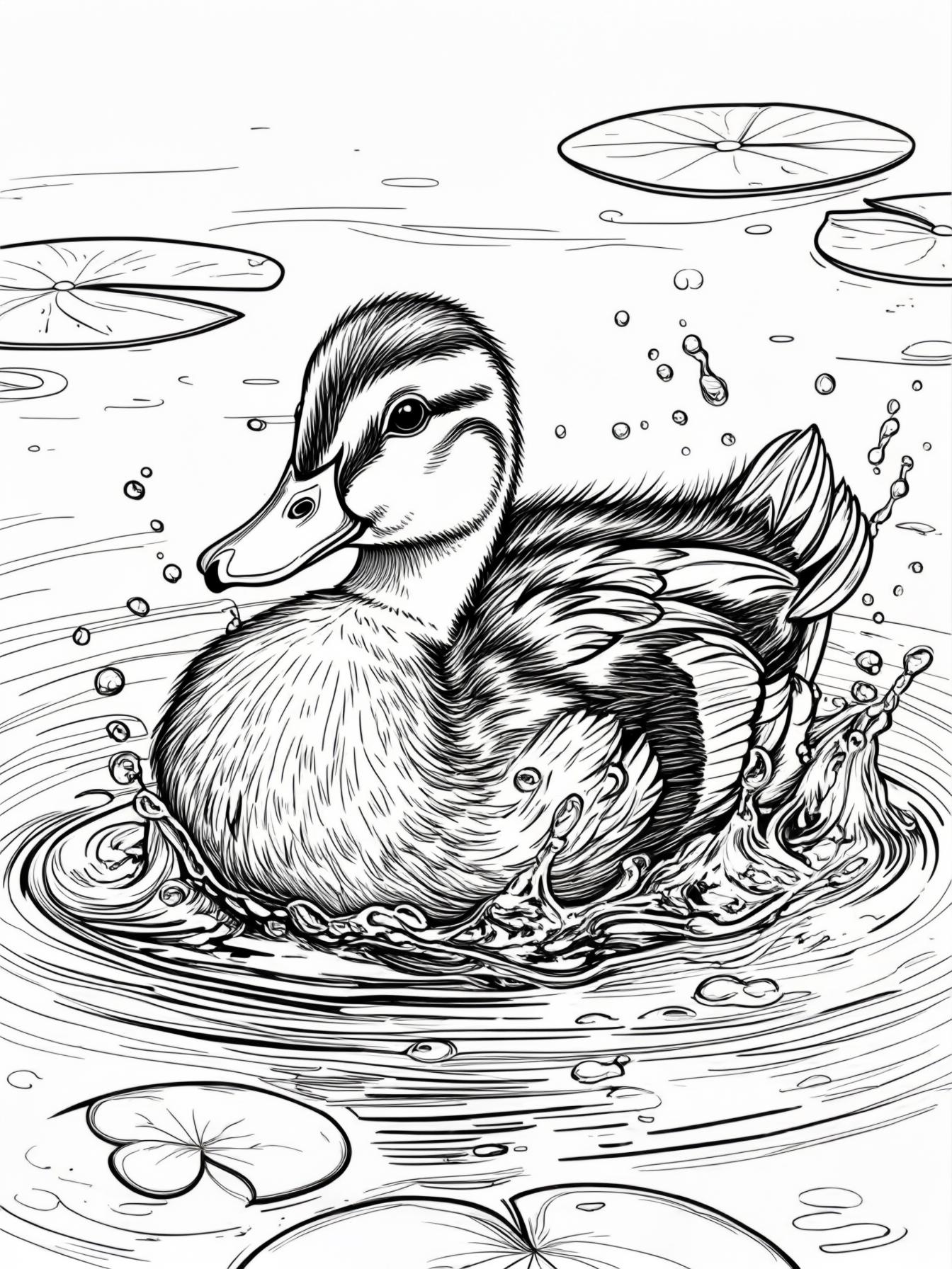 A duckling splashing in a pond