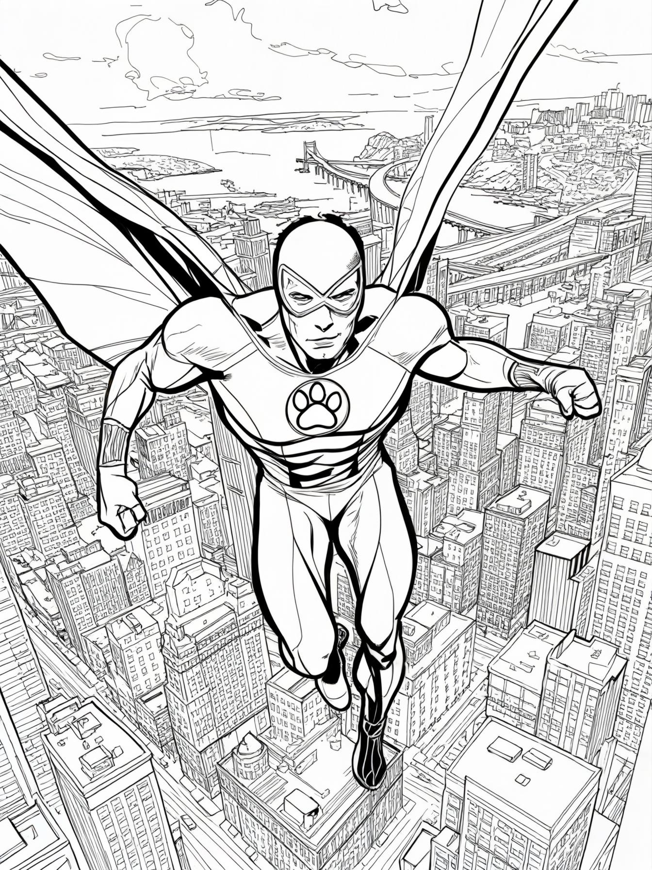 Paw Man flying over the city