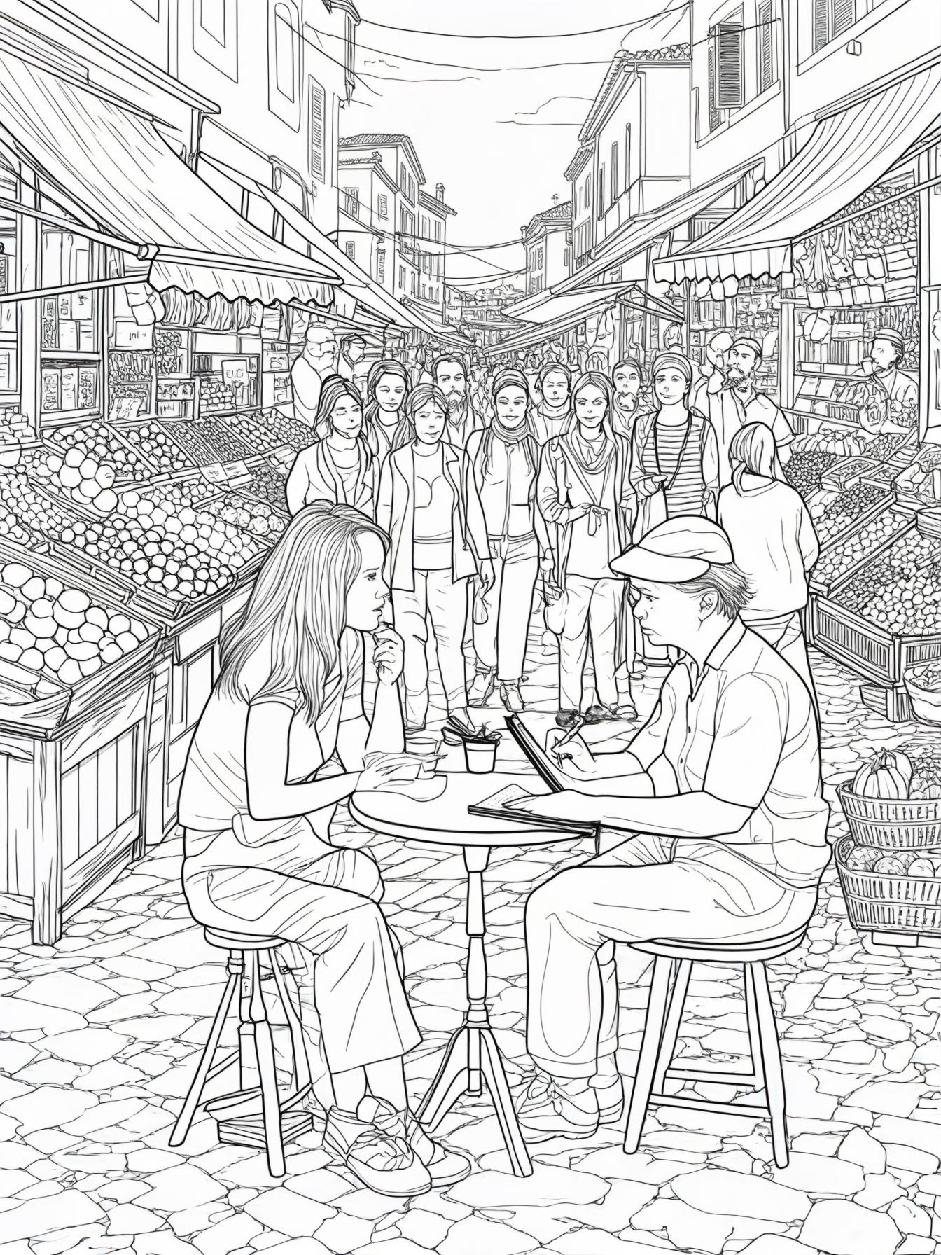A writer interviewing people in a marketplace