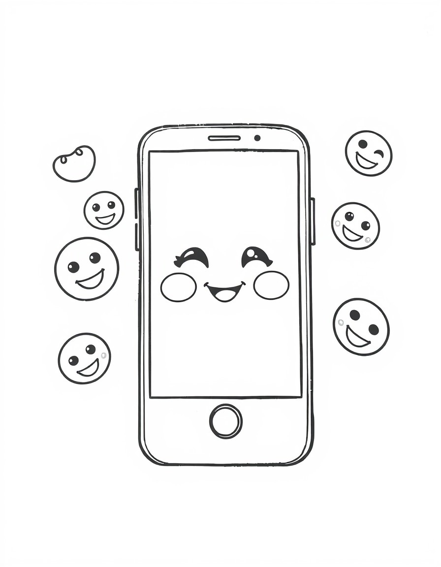 a cute little mobile phone with a cute face on the screen, emojies flying around it
