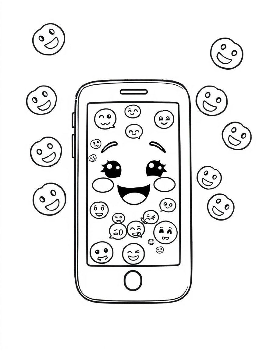 a cute little mobile phone with a cute face on the screen, emojies flying around it