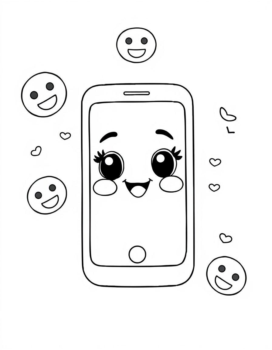 a cute little mobile phone with a cute face on the screen, emojies flying around it
