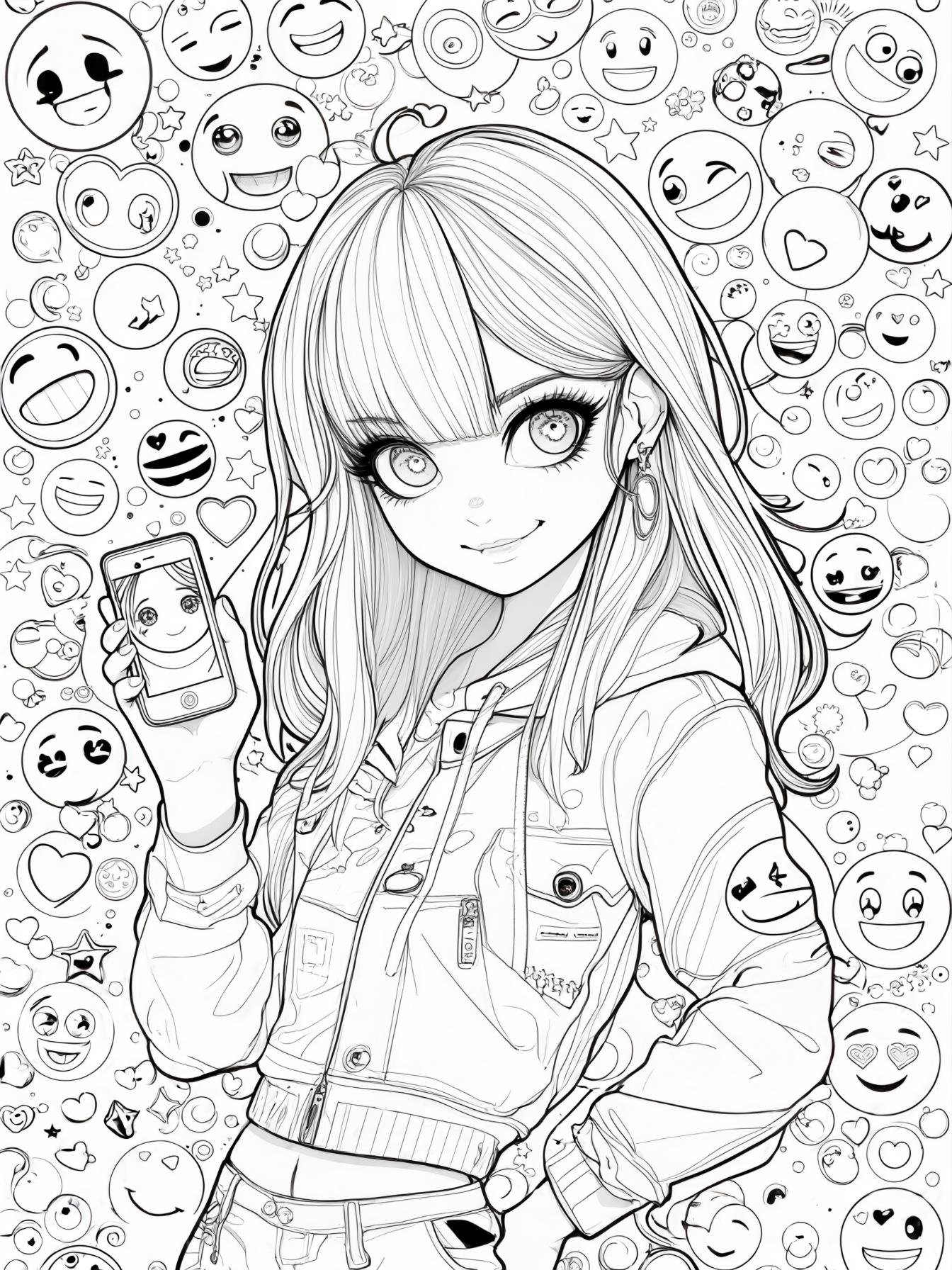 a cool girld with a cute little mobile phone with a cute face on the screen, emojies flying around it