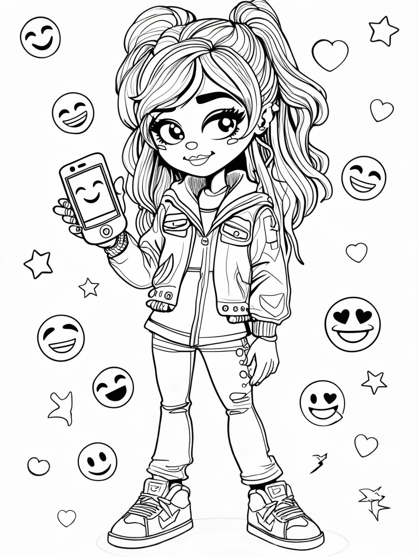 a cool girld with a cute little mobile phone with a cute face on the screen, emojies flying around it