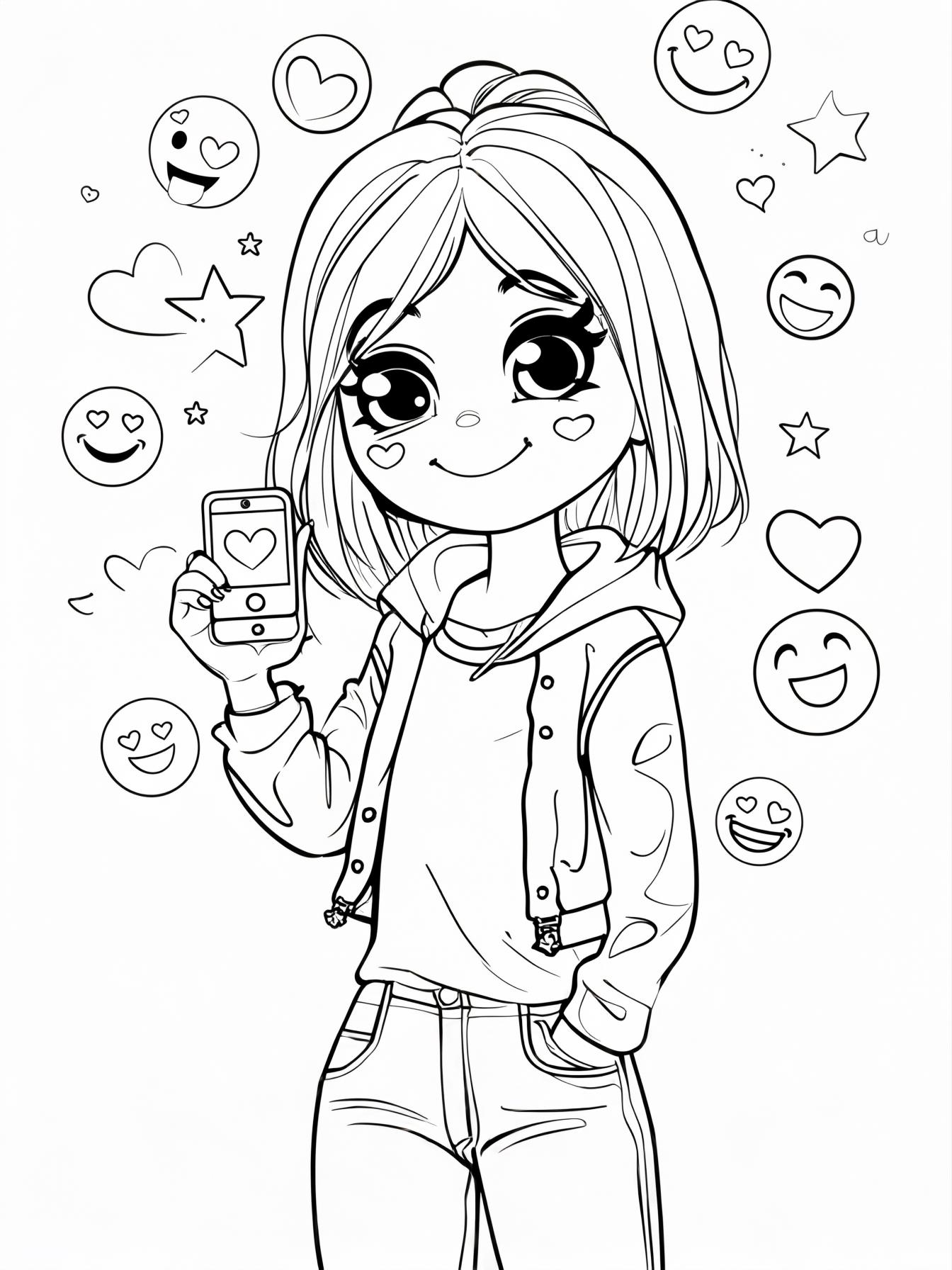 a cool girld with a cute little mobile phone with a cute face on the screen, emojies flying around it