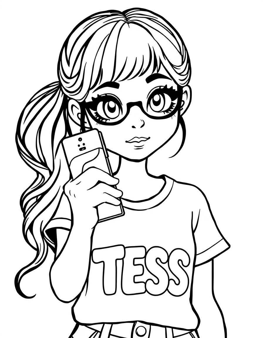 a cool girl with a cute little mobile phone with a cute face on the screen, her tshirt has the text "TESS" on it