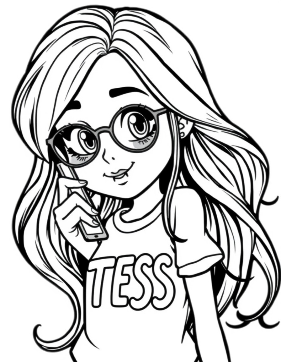 a cool girl with a cute little mobile phone with a cute face on the screen, her tshirt has the text "TESS" on it
