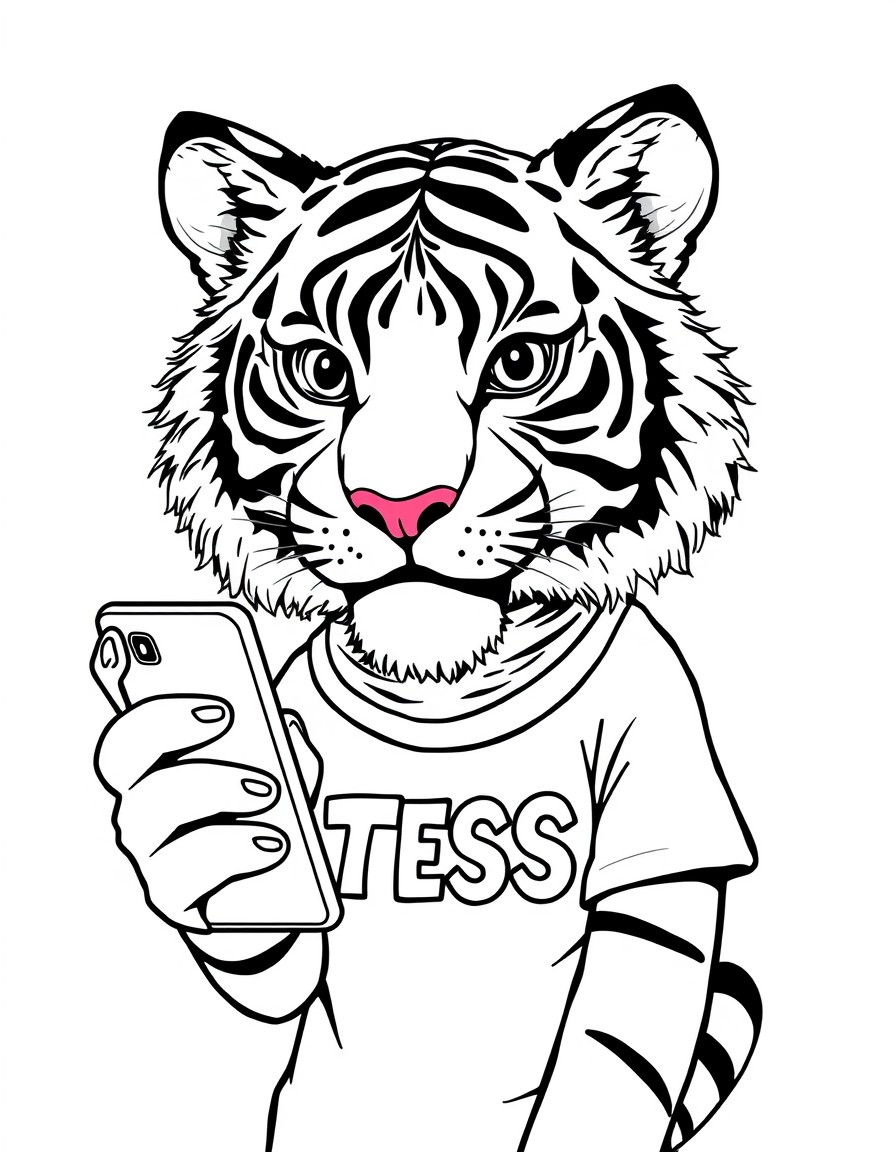 a cool tiger with a cute little mobile phone with a cute face on the screen, her tshirt has the text "TESS" on it