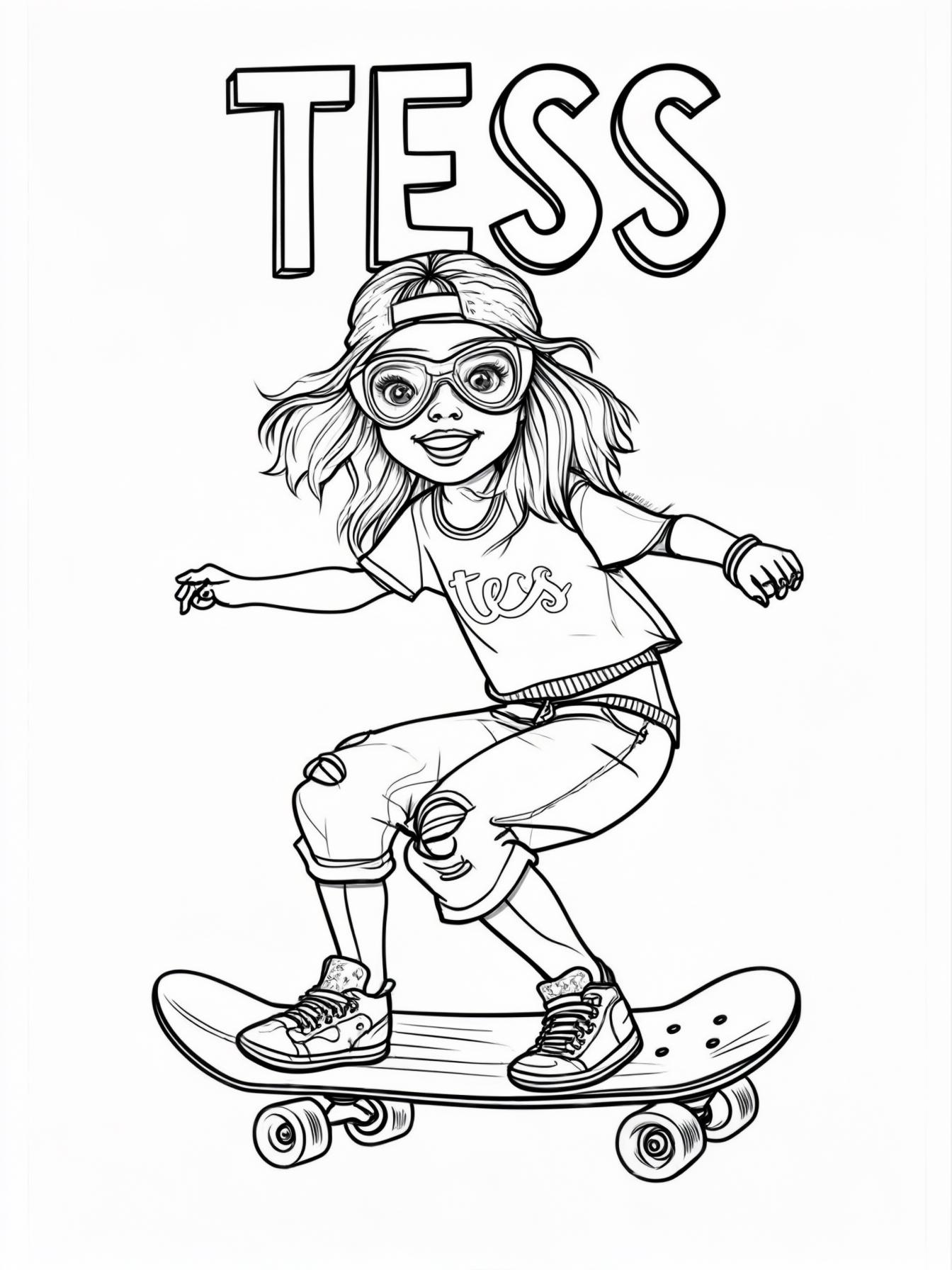 Cool looking girl on a skateboard with the text "TESS" in big letters above it