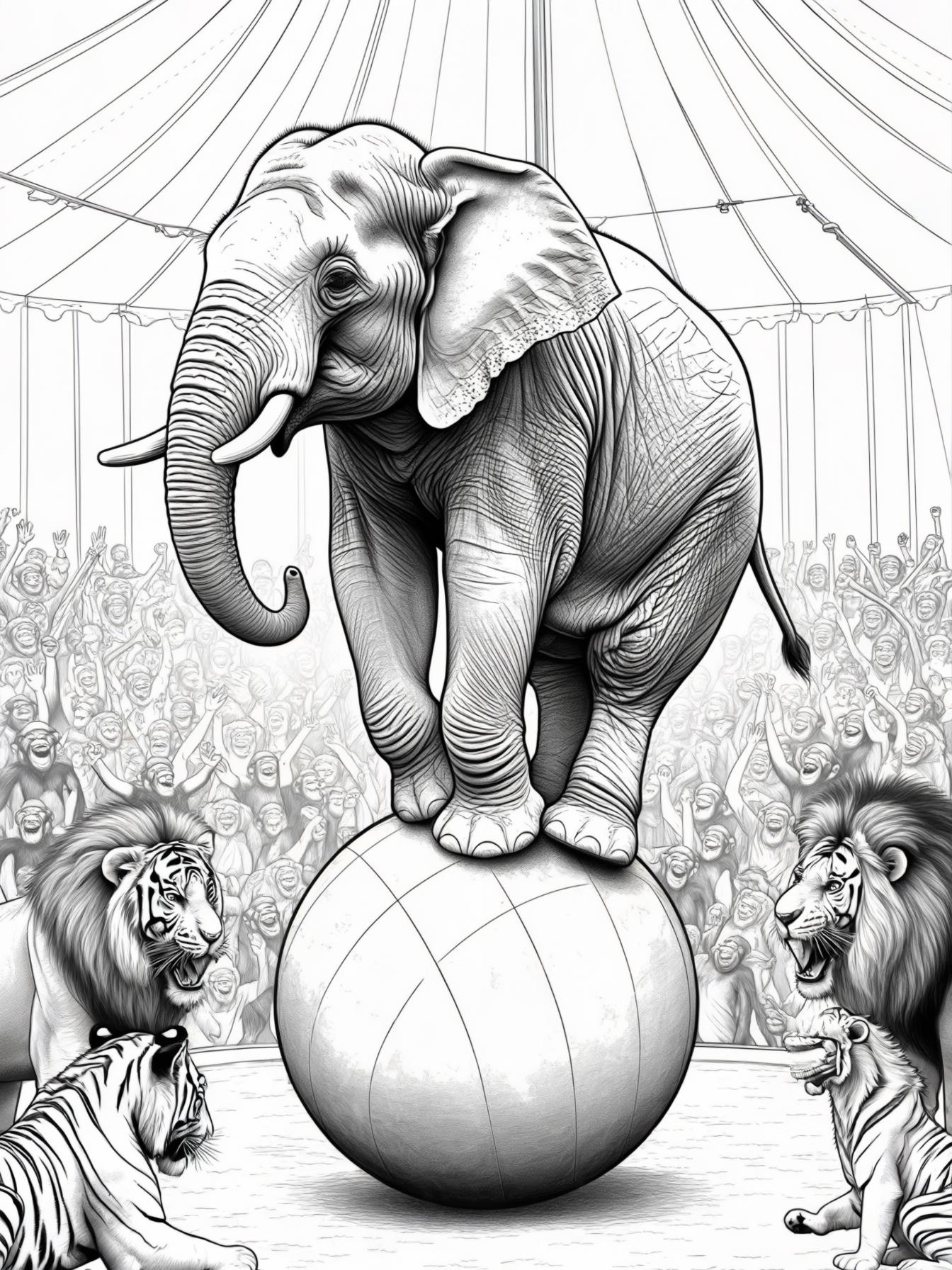 A circus elephant balancing on a big ball while other animals cheer it on