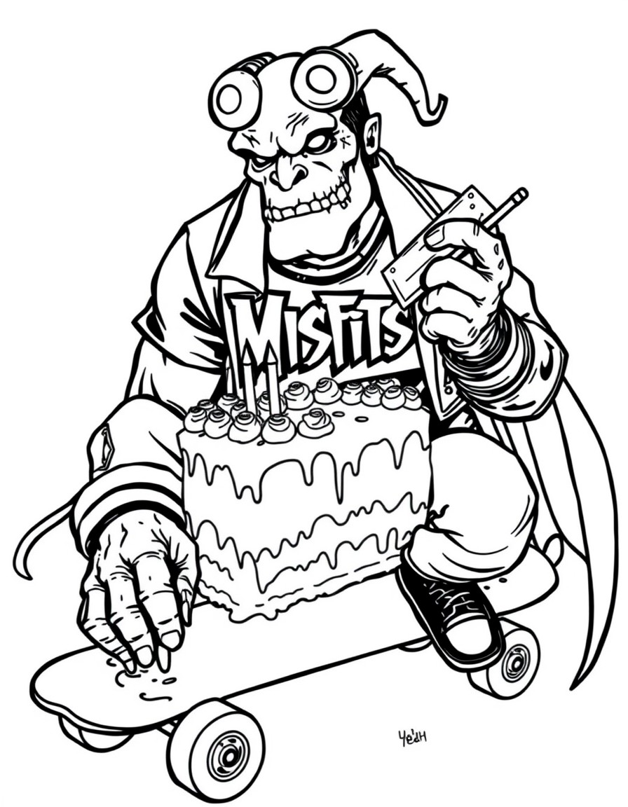 Hellboy eating cake on a skateboard wearing a Misfits tshirt