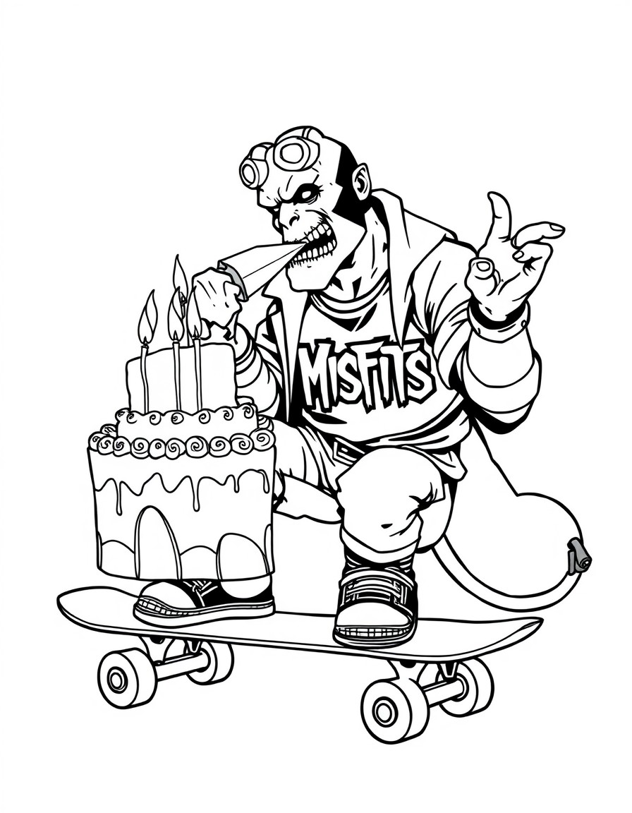 Hellboy eating cake on a skateboard wearing a Misfits tshirt