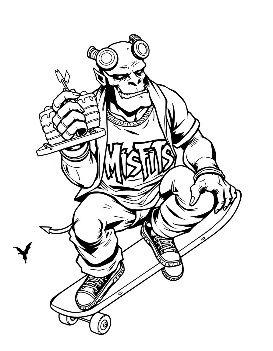 Hellboy eating cake on a skateboard wearing a Misfits tshirt