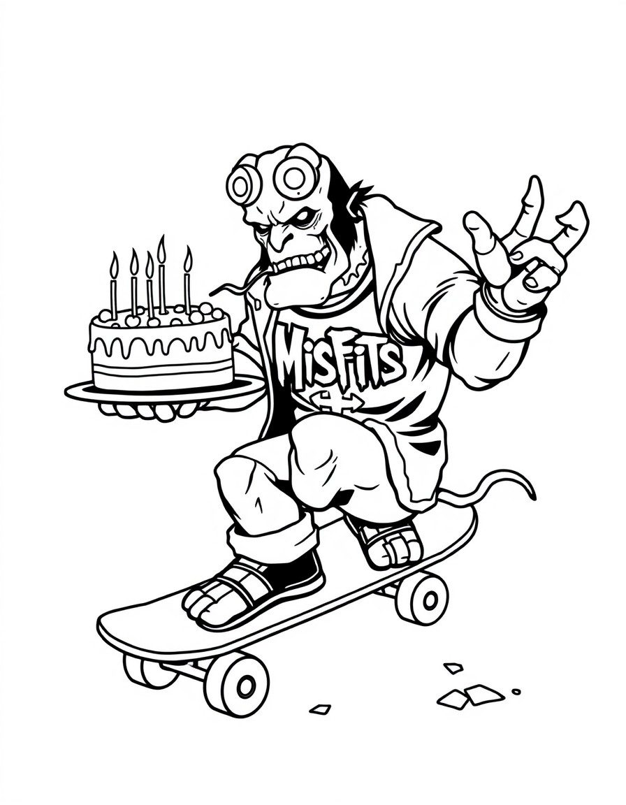 Hellboy eating cake on a skateboard wearing a Misfits tshirt