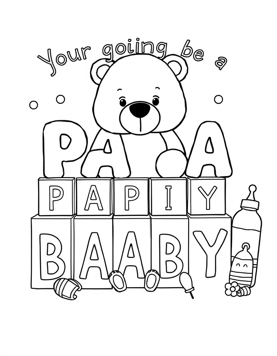 Your going to be a papa again with baby spelled out on blocks a teddy bear some bottles and a baby