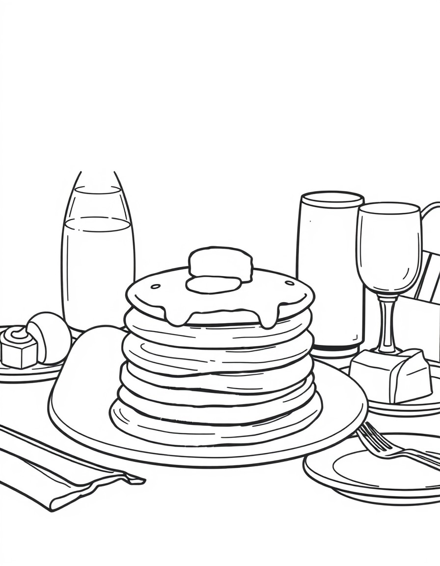 Eggs, pancakes, butter, a juice bottle, glasses, plates on a table.