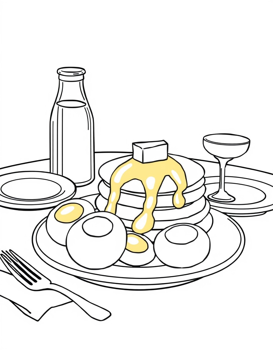 Eggs, pancakes, butter, a juice bottle, glasses, plates on a table.
