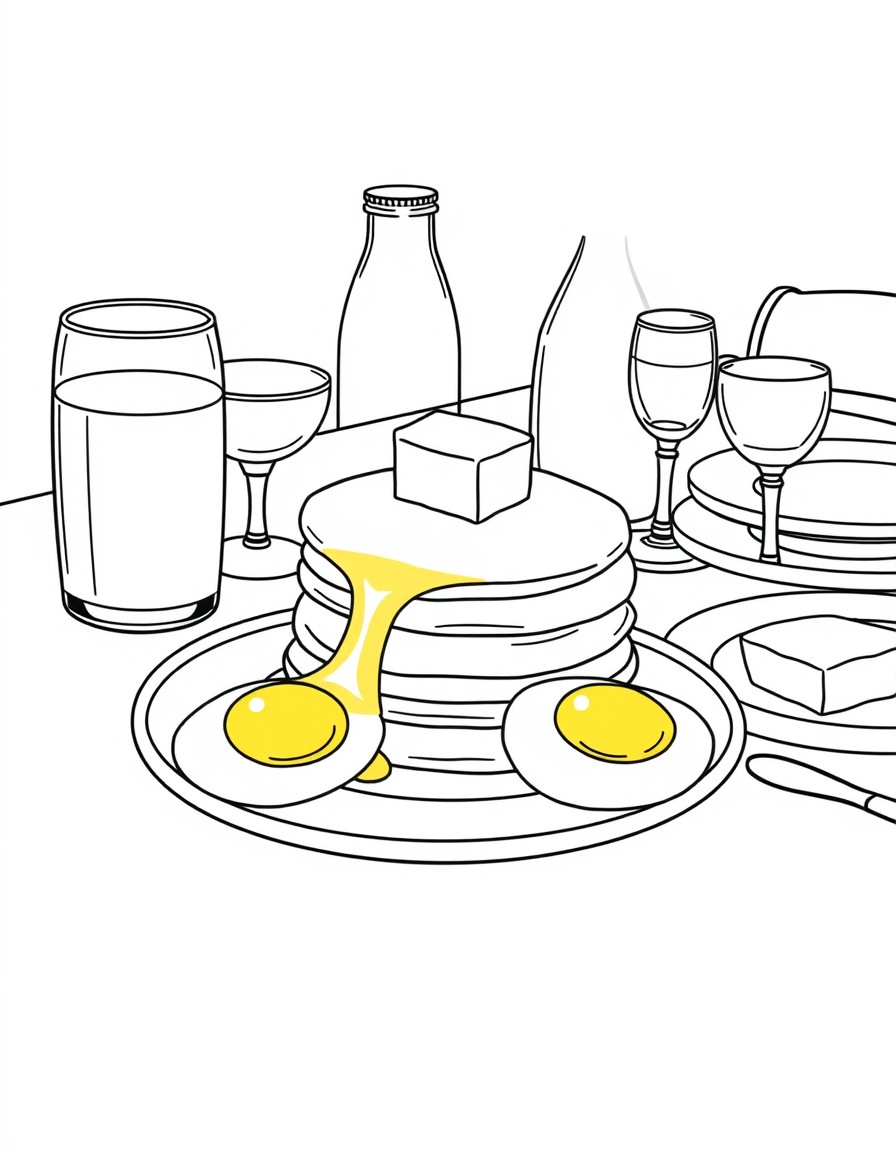 Eggs, pancakes, butter, a juice bottle, glasses, plates on a table.