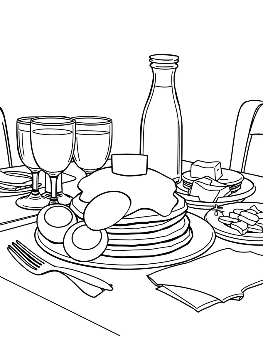 Eggs, pancakes, butter, a juice bottle, glasses, plates on a table.