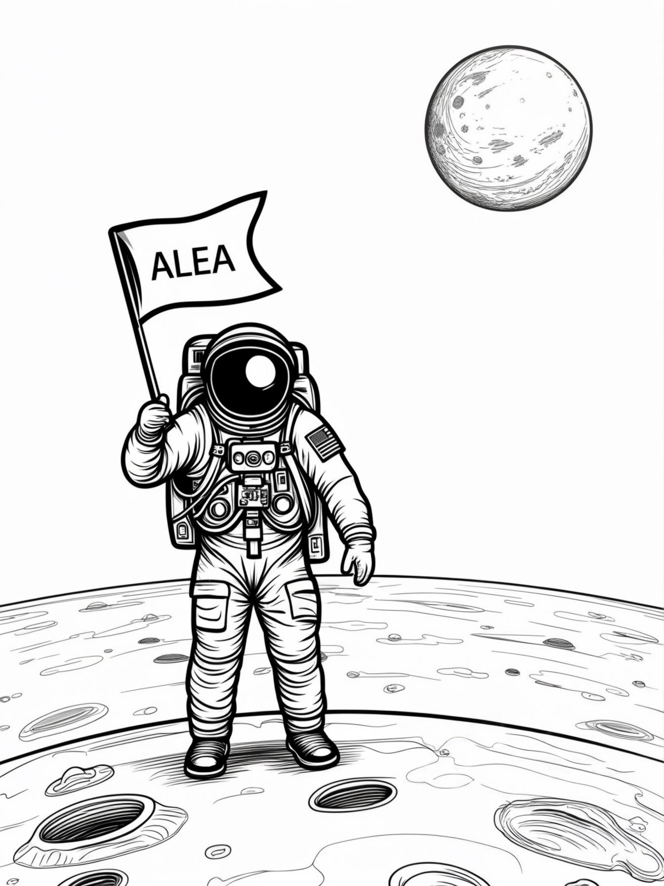 A space explorer planting a flag on a distant planet with 'ALEA' emblazoned on it