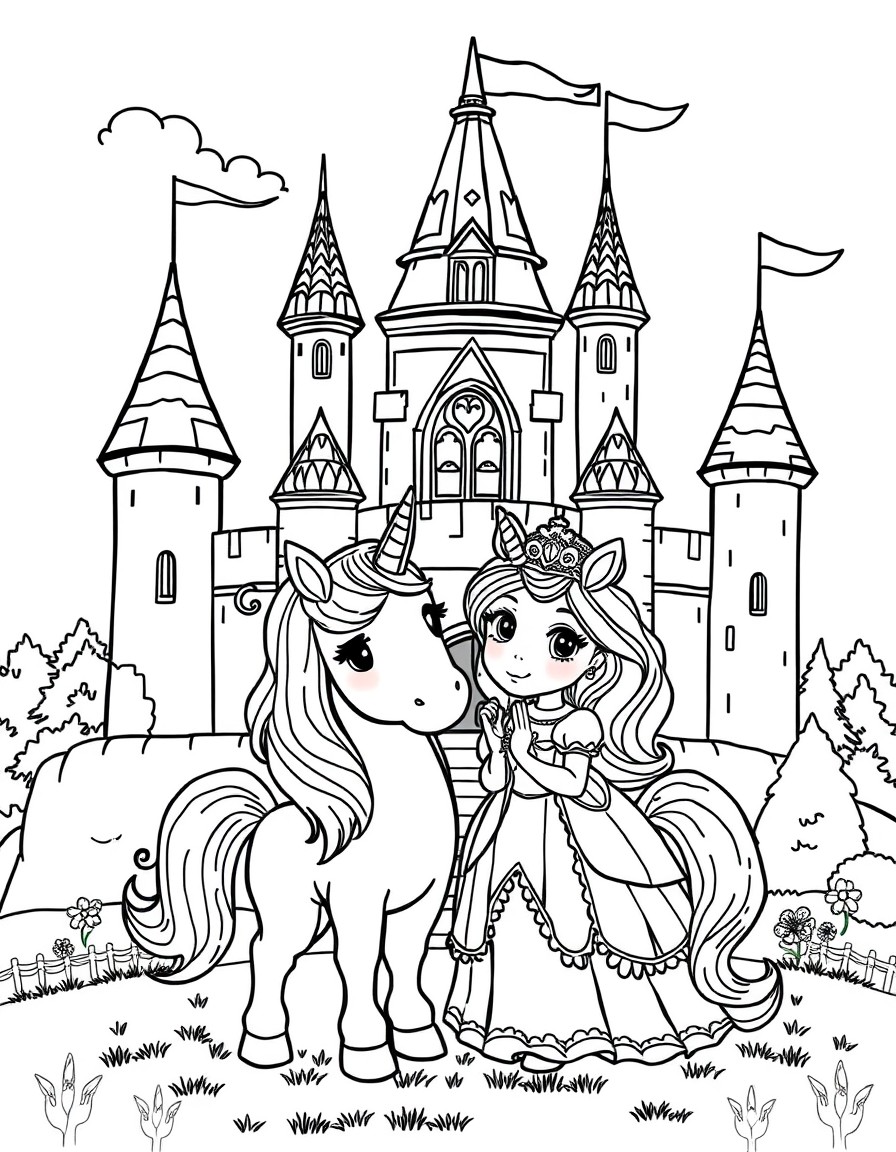 Cute tiny unicorn and a princess posing infront of a castle with the unicorn