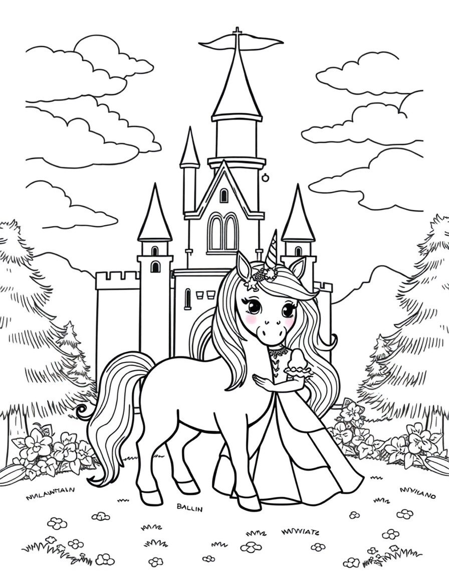 Cute tiny unicorn and a princess posing infront of a castle with the unicorn