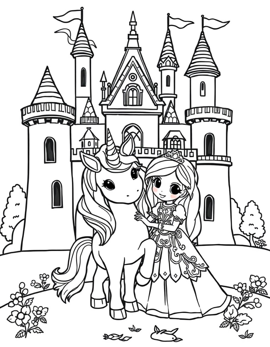 Cute tiny unicorn and a princess posing infront of a castle with the unicorn