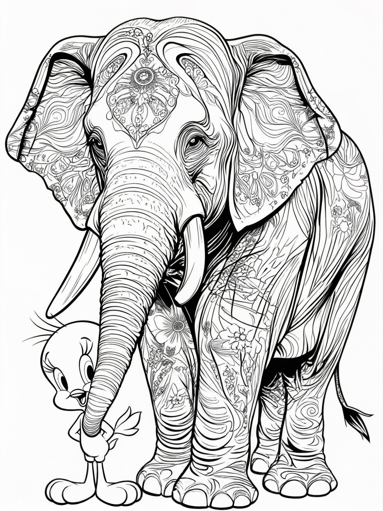 Punk tweety  birdcartoon illustration, coloring book page, happy Asian Elephant, random place, black and white, cleanPunky Tweetheart is a reimagined version of the iconic Tweety Bird from Warner Bros