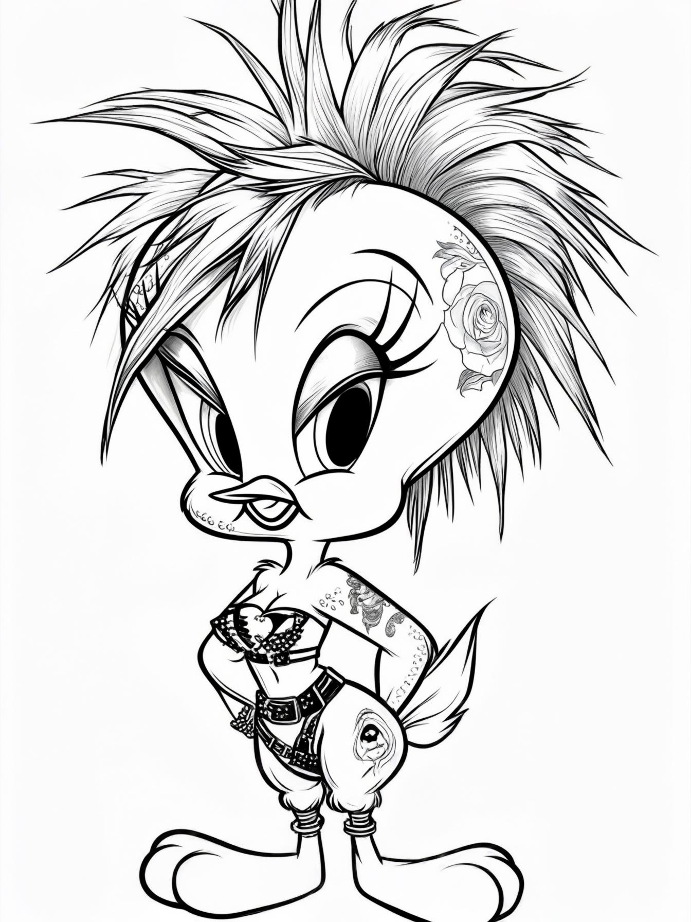 Punky Tweetheart is a reimagined version of the iconic Tweety Bird from Warner Bros., embracing a glammed-up punk style. She maintains her curvy, feminine shape, but with a rebellious twist. Her fur i