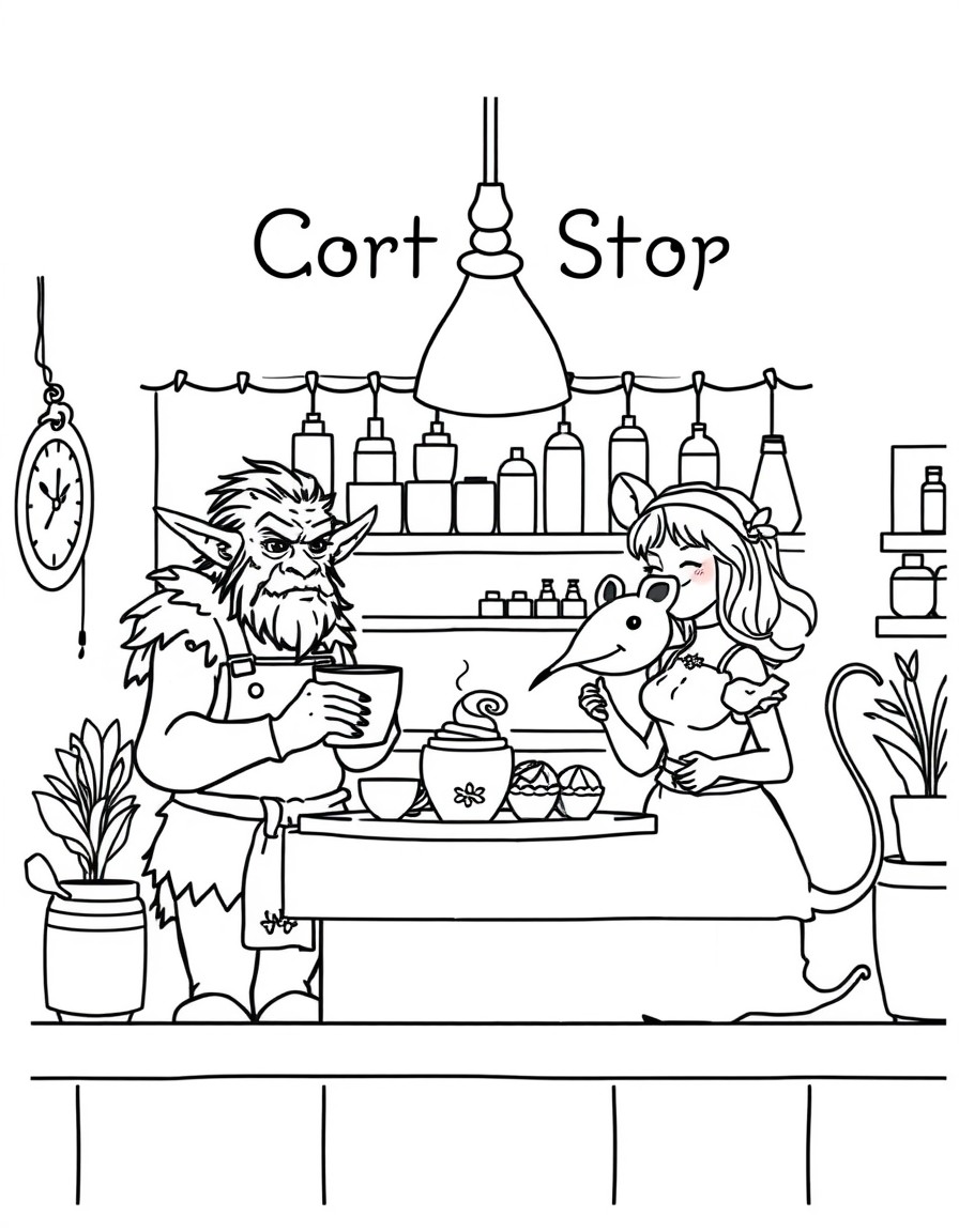 a little coffe shop, cozy vibes, in a fantasy world and the baristas are an orc, a sucubo and a little rat cooking desserts