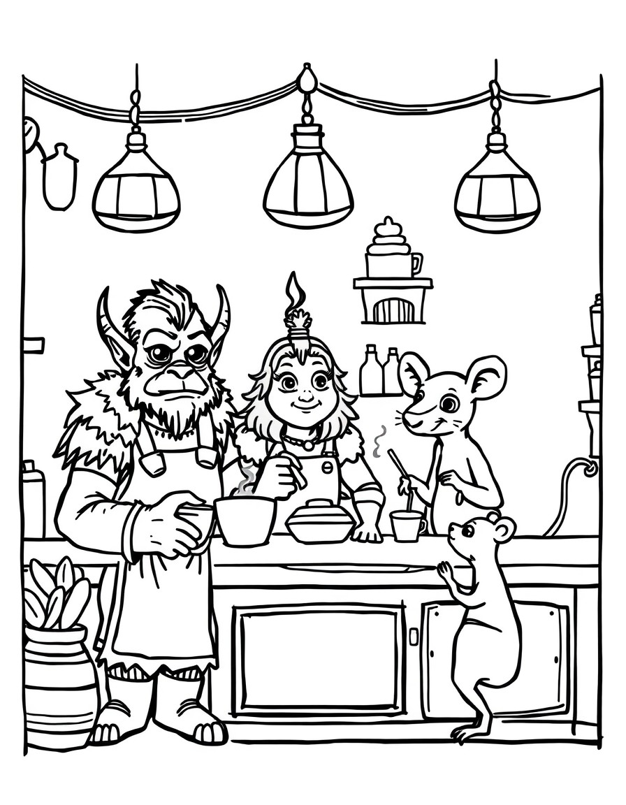 a little coffe shop, cozy vibes, in a fantasy world and the baristas are an orc, a sucubo and a little rat cooking desserts