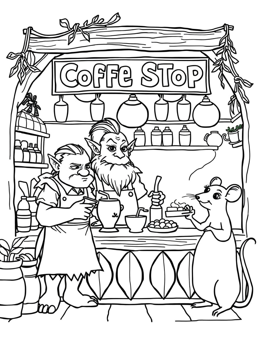 a little coffe shop, cozy vibes, in a fantasy world and the baristas are an orc, a sucubo and a little rat cooking desserts