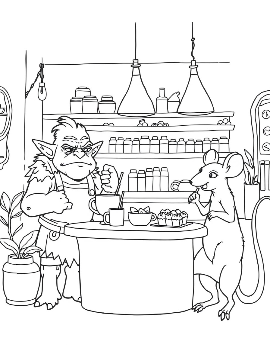 a little coffe shop, cozy vibes, in a fantasy world and the baristas are an orc, a sucubo and a little rat cooking desserts