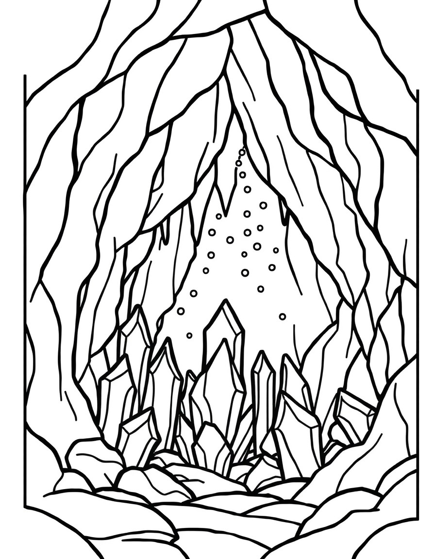 Crystal caves with shimmering crystals. A stained glass coloring book page that is clean and minimalistic very simple with thick lines typical of a minimalistic stained glass coloring book. The design