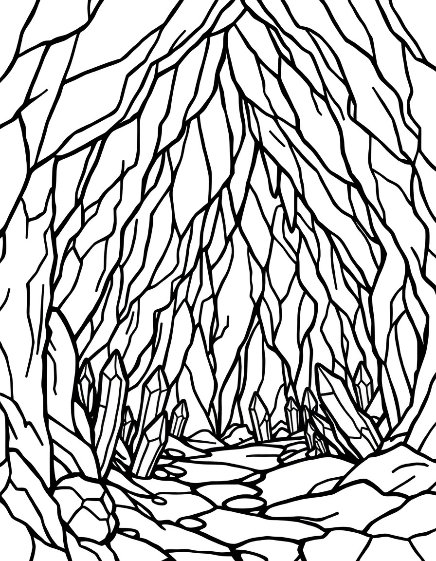 Crystal caves with shimmering crystals. A stained glass coloring book page that is clean and minimalistic very simple with thick lines typical of a minimalistic stained glass coloring book. The design