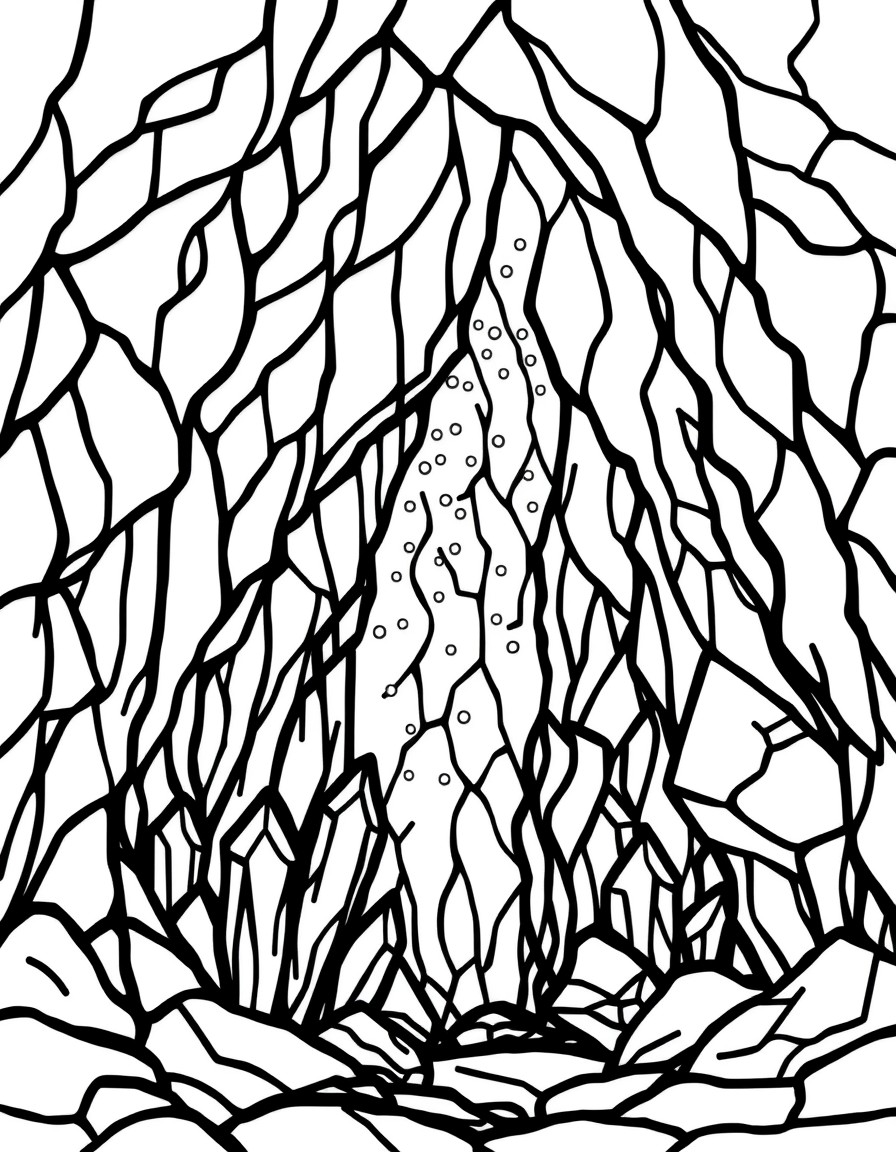 Crystal caves with shimmering crystals. A stained glass coloring book page that is clean and minimalistic very simple with thick lines typical of a minimalistic stained glass coloring book. The design