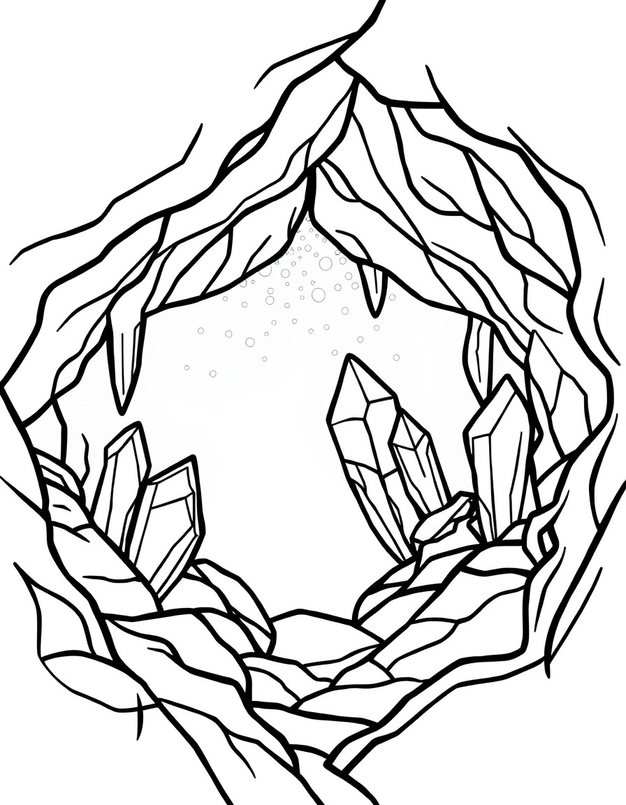 Crystal caves with shimmering crystals. A stained glass coloring book page that is clean and minimalistic very simple with thick lines typical of a minimalistic stained glass coloring book. The design