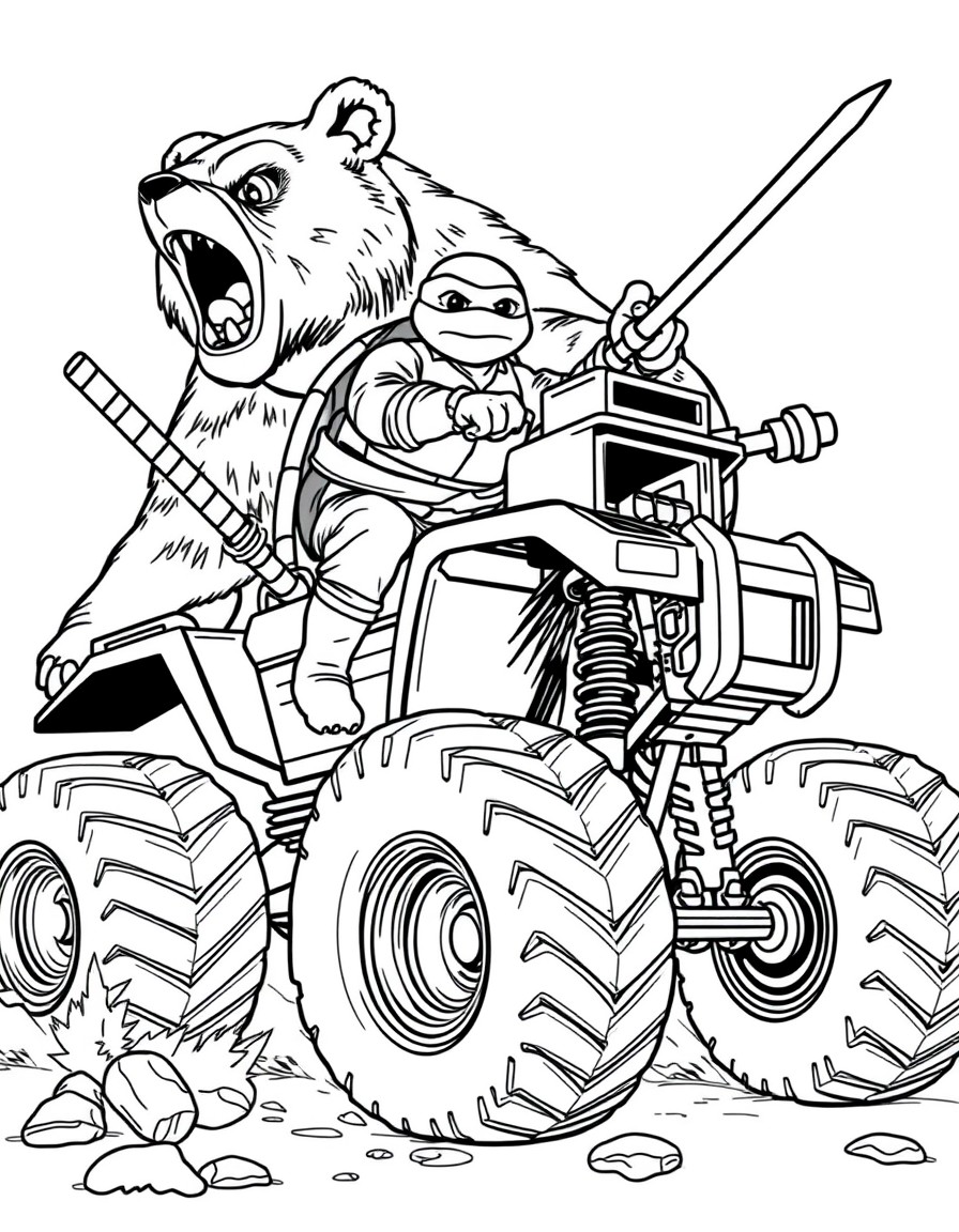 A ninja turtle riding a monster truck fighting with a giant bear