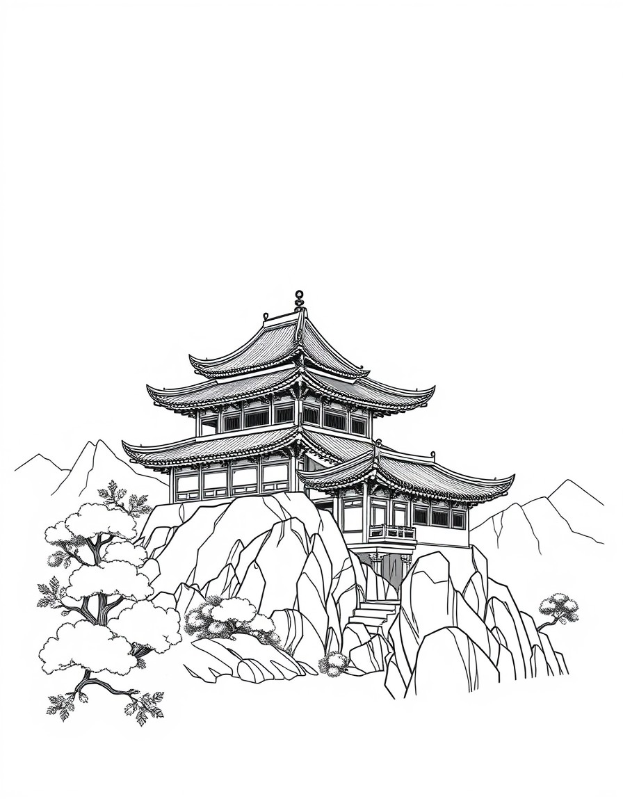 complex and realistic landscape coloring book for adult, black and white, no shadow, china
