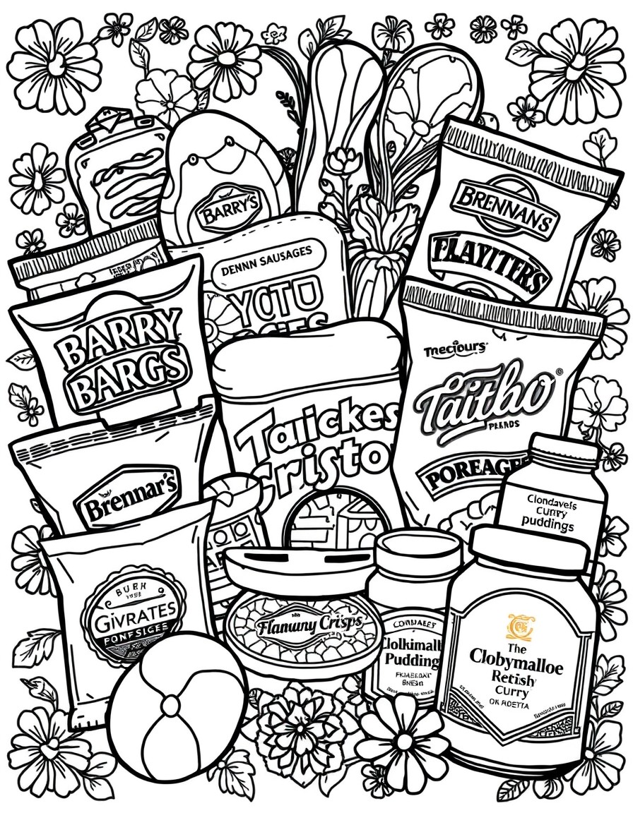 Irish groceries design featuring Barry's Tea Bags, Brennans Bread, Denny Sausages, Flahavan's Porridge, Tayto Crisps, Jacob's Mikado, Sicra, Clonakilty Pudding, Ballymaloe Relish, McDonells Curry Sauc