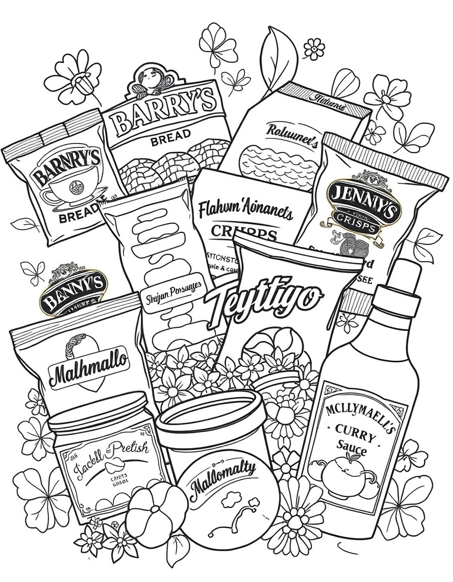 Irish groceries design featuring Barry's Tea Bags, Brennans Bread, Denny Sausages, Flahavan's Porridge, Tayto Crisps, Jacob's Mikado, Sicra, Clonakilty Pudding, Ballymaloe Relish, McDonells Curry Sauc