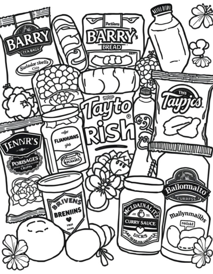 Irish groceries design featuring Barry's Tea Bags, Brennans Bread, Denny Sausages, Flahavan's Porridge, Tayto Crisps, Jacob's Mikado, Sicra, Clonakilty Pudding, Ballymaloe Relish, McDonells Curry Sauc