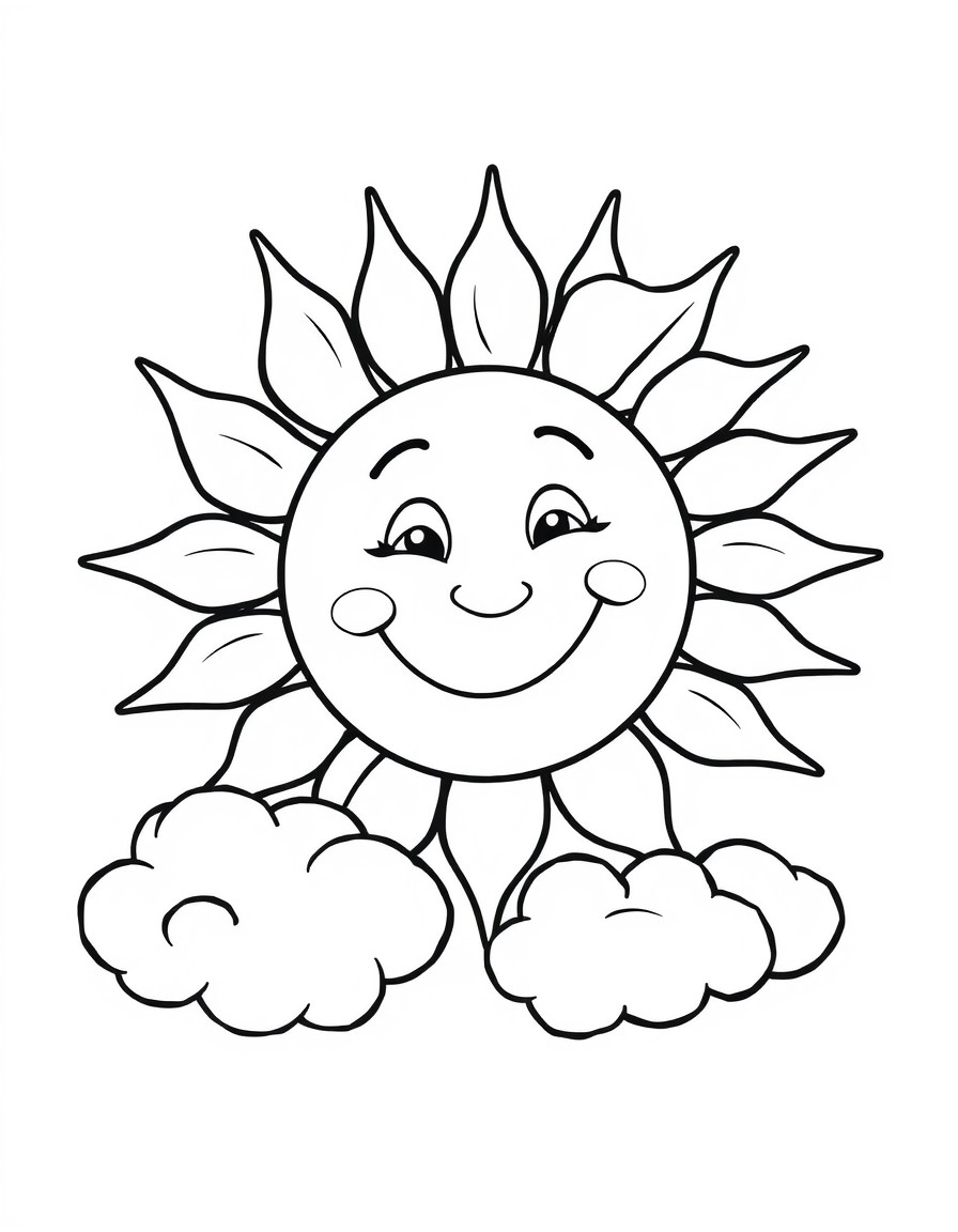 Smiling Sun and Clouds  Big, friendly sun with puffy clouds and maybe a rainbow.