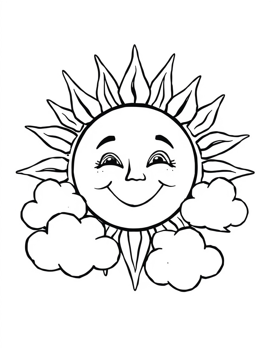 Smiling Sun and Clouds  Big, friendly sun with puffy clouds and maybe a rainbow.
