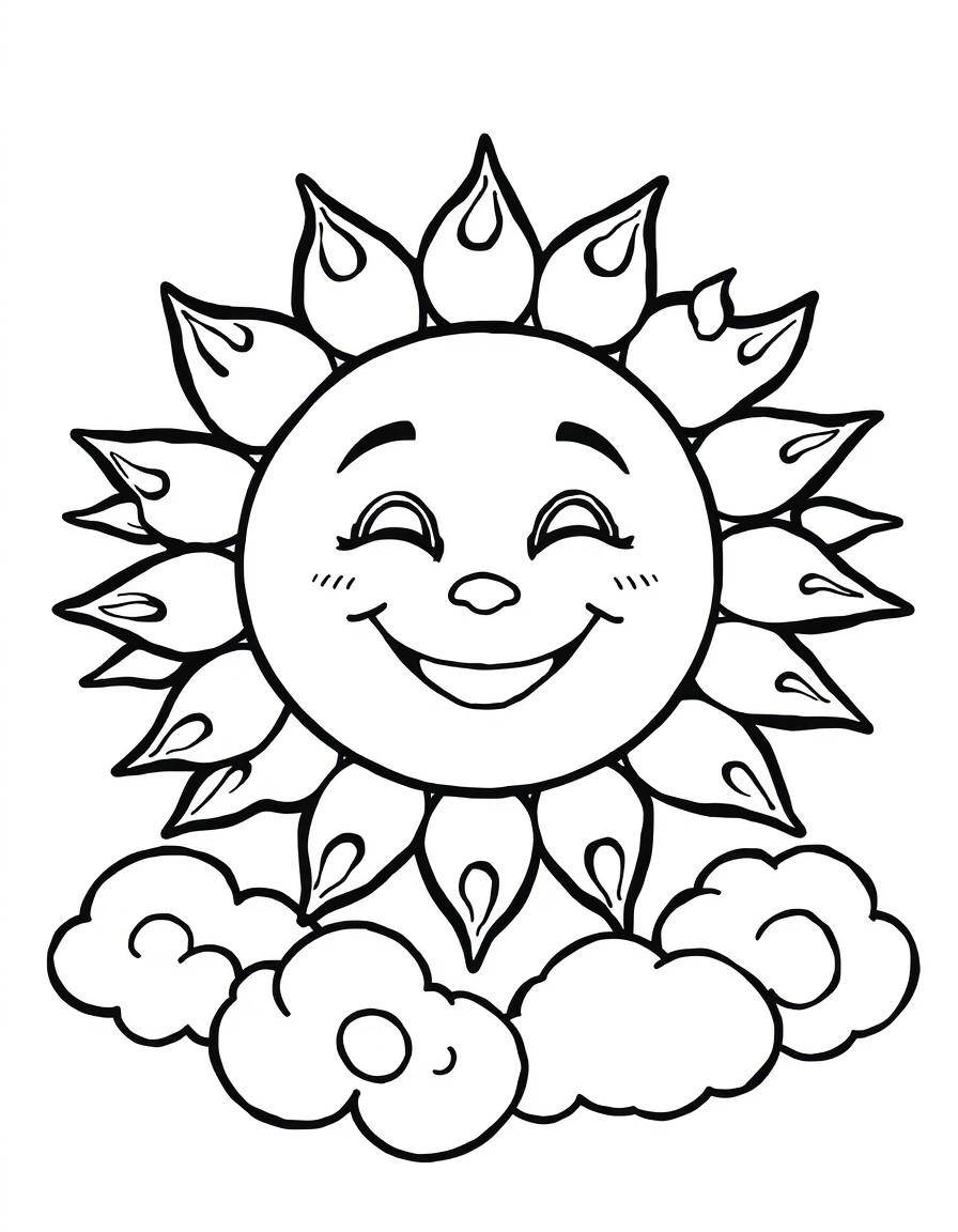 Smiling Sun and Clouds  Big, friendly sun with puffy clouds and maybe a rainbow.