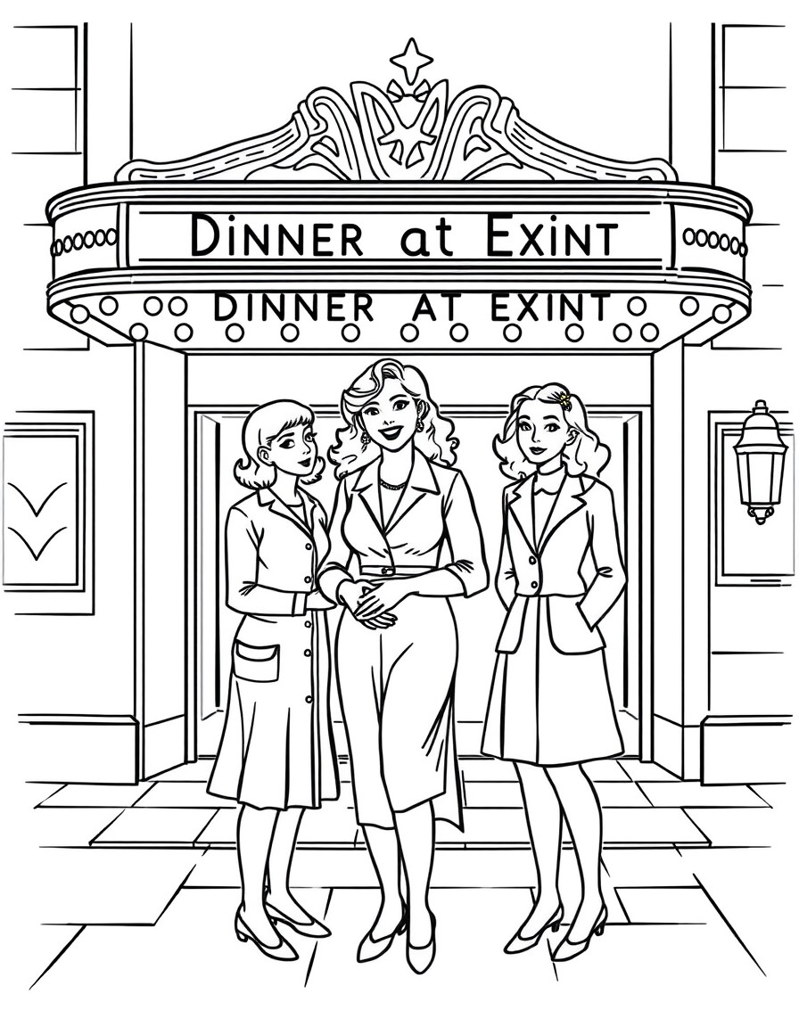 A simple line illustration with a lady and two teenaged girls in the 1930's standing outside of a movie theatre. The movie marquis says "Dinner at Eight". The lady is holding onto the waist of her lon