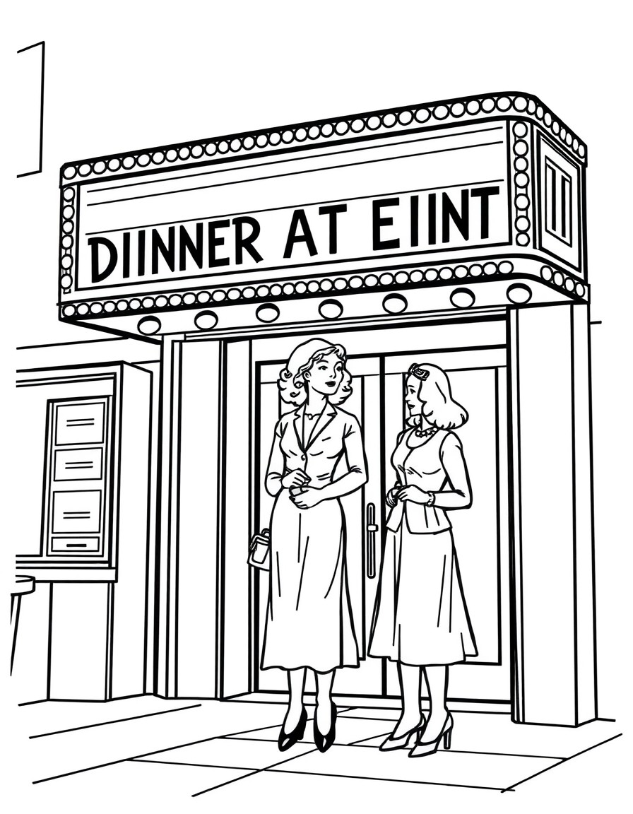 A simple line illustration with a lady and two teenaged girls in the 1930's standing outside of a movie theatre. The movie marquis says "Dinner at Eight". The lady is holding onto the waist of her lon